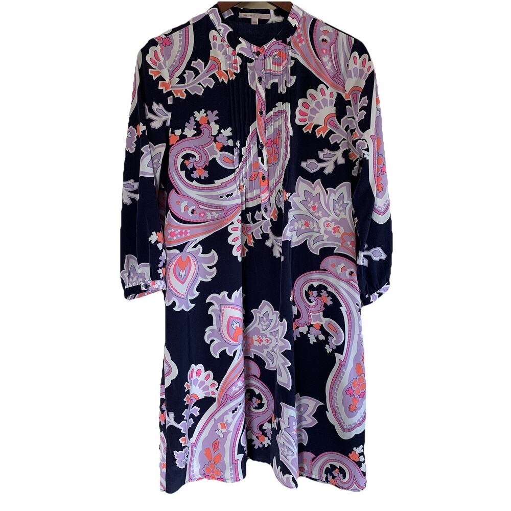 Gap Navy Blue Purple Paisley 3/4 Sleeve Mandarin Collar Knee Length Dress Medium